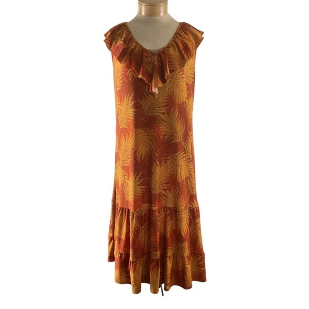 Mlle Gabrielle Womens 3X Orange Tropical Palm Tiered Boho Midi Sundress - Picture 3 of 11